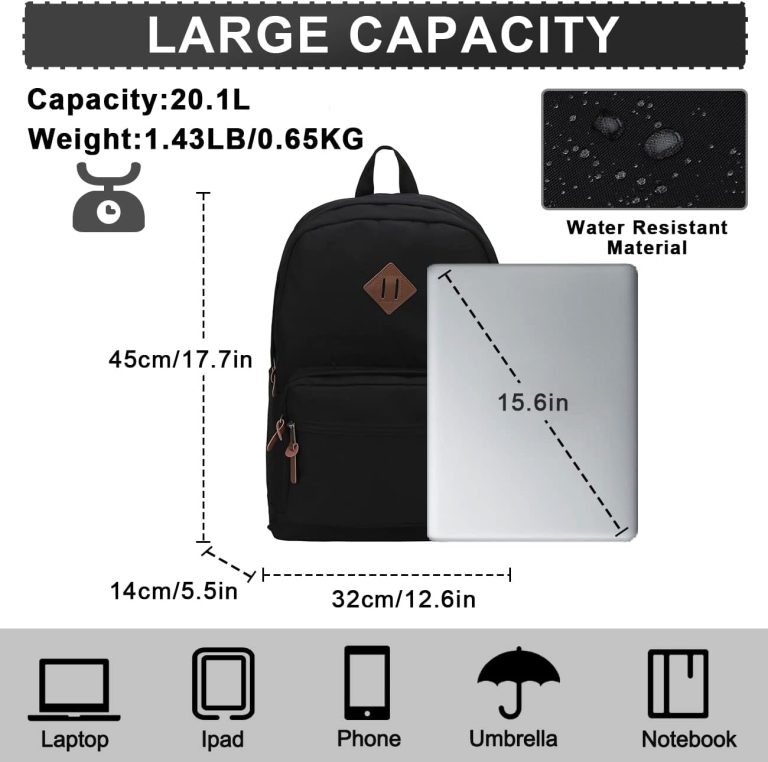 RAVUO School Backpack for Men Women, Water Resistant 15.6 inch Laptop Back Packs Bookbags College Daypack Black Bag with Side Pockets