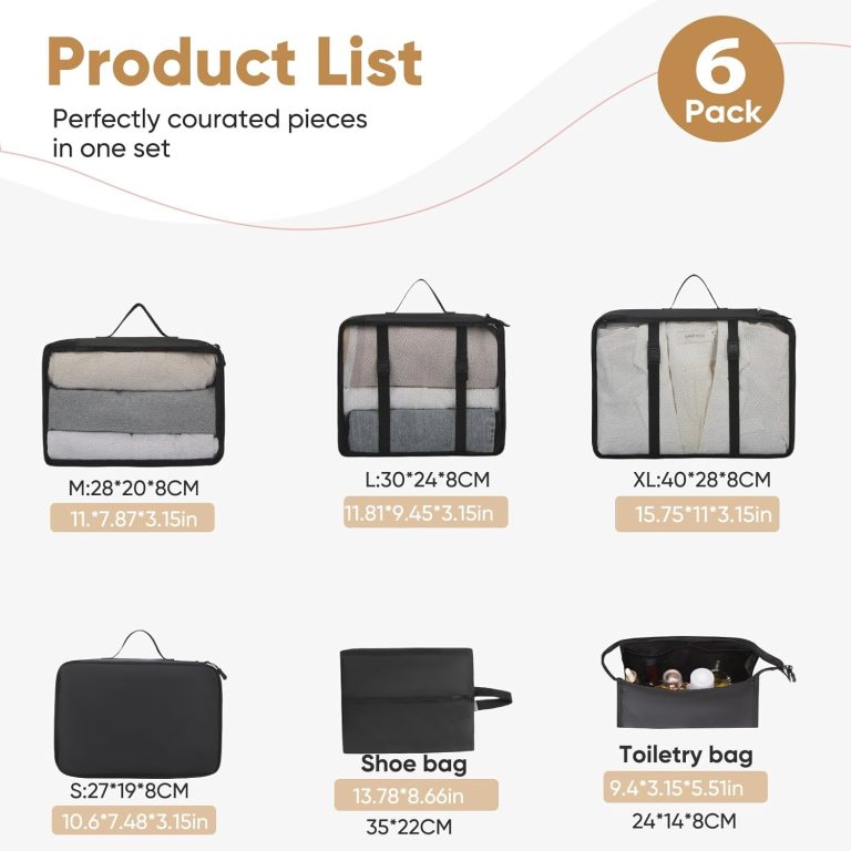 YOOFAN Packing Cubes – Premium Travel Organizer Bags for Suitcases, Must-Have Travel Accessories (Black, 6 Set)